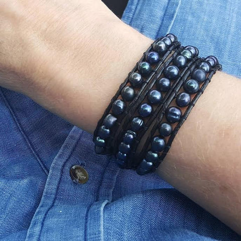 Image of Peacock Black Freshwater Pearls on Black Leather Wrap Bracelet