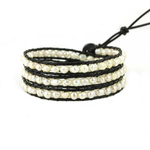 Freshwater Pearls on Black Leather Wrap Bracelet