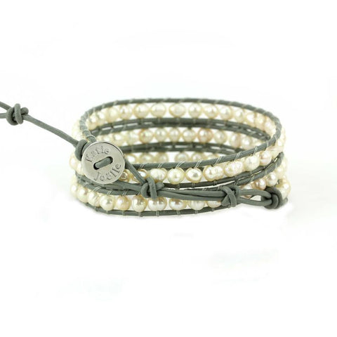 Image of Freshwater Pearls on Gray Leather Wrap Bracelet