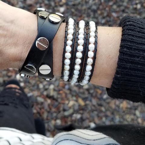 Freshwater Pearls on Black Leather Wrap Bracelet