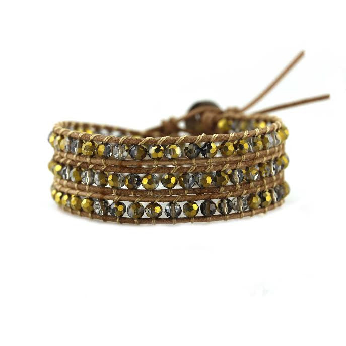 Gold Dorado Crystals on Natural Leather Wrap Bracelet