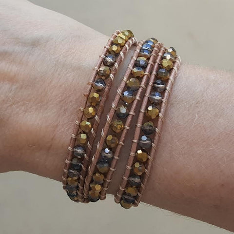 Image of Gold Dorado Crystals on Natural Leather Wrap Bracelet