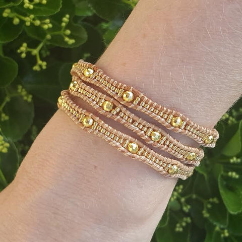 Gold Scalloped Miyuki Glass Sead Beads on Natural Leather Wrap Bracelet