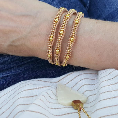 Image of Gold Scalloped Miyuki Glass Sead Beads on Natural Leather Wrap Bracelet