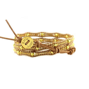 Gold Scalloped Miyuki Glass Sead Beads on Natural Leather Wrap Bracelet
