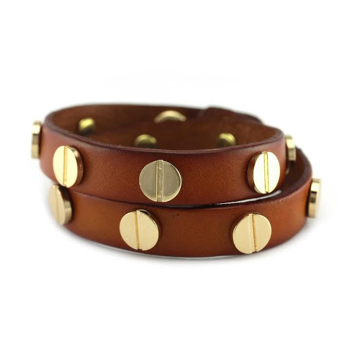 Gold Studded Cognac Leather Double Wrap Bracelet