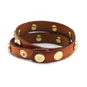 Gold Studded Cognac Leather Double Wrap Bracelet
