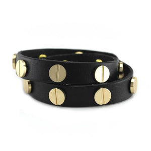 Gold Studded Black Leather Double Wrap Bracelet