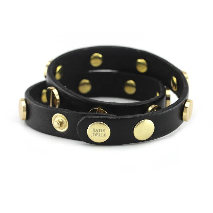 Gold Studded Black Leather Double Wrap Bracelet