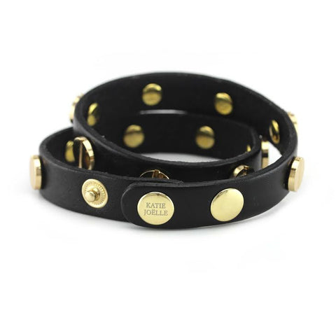 Image of Gold Studded Black Leather Double Wrap Bracelet