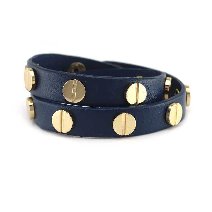 Gold Studded Navy Blue Leather Double Wrap Bracelet