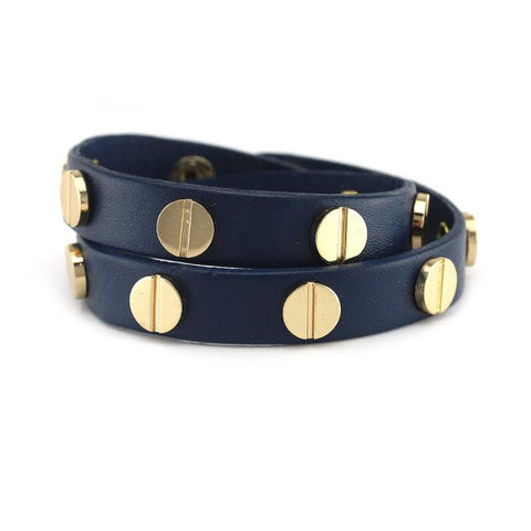 Image of Gold Studded Navy Blue Leather Double Wrap Bracelet