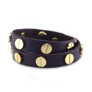 Gold Studded Purple Leather Double Wrap Bracelet