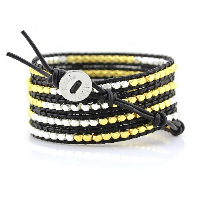 Gold and Silver Nuggets on Black Leather Wrap Bracelet