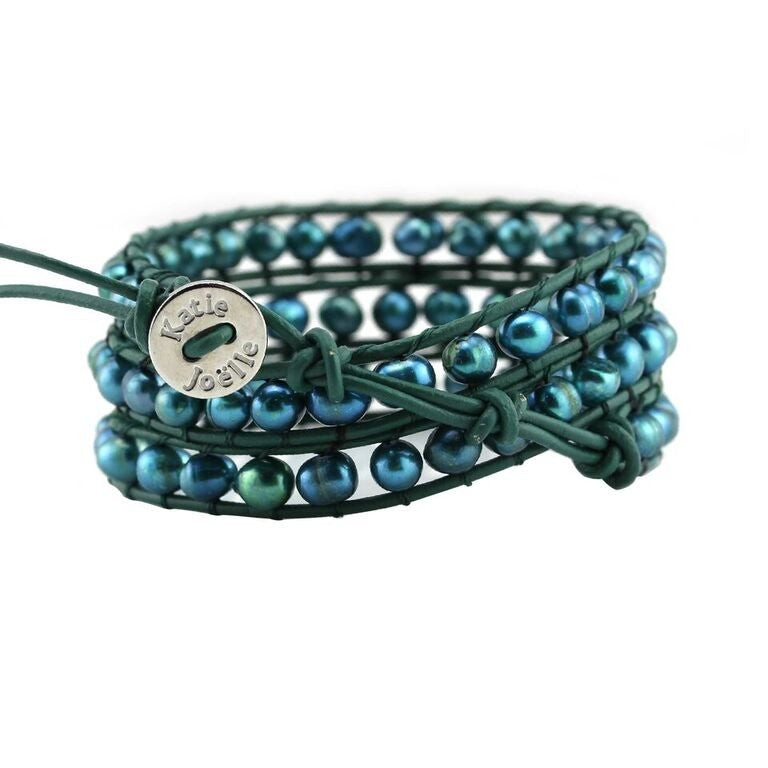 Teal Green Freshwater Pearls on Green Leather Wrap Bracelet