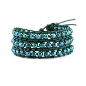 Teal Green Freshwater Pearls on Green Leather Wrap Bracelet