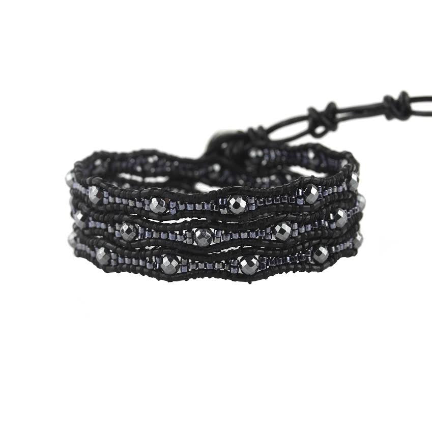 Gunmetal Scalloped Miyuki Glass Sead Beads on Black Leather Wrap Bracelet