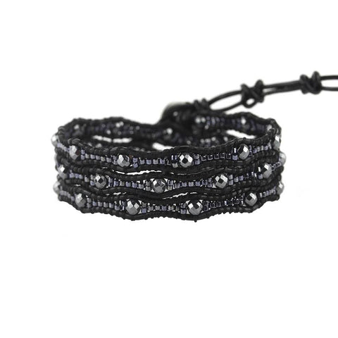 Image of Gunmetal Scalloped Miyuki Glass Sead Beads on Black Leather Wrap Bracelet
