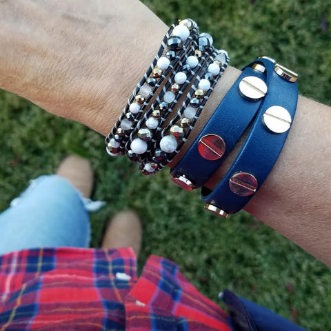 Image of Hematite and Turquoise Graduated Wrap Bracelet on Black Leather