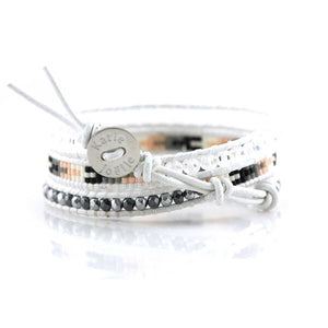Hematite and Crystal with Miyuki Glass Seed Beads on White Leather Wrap Bracelet