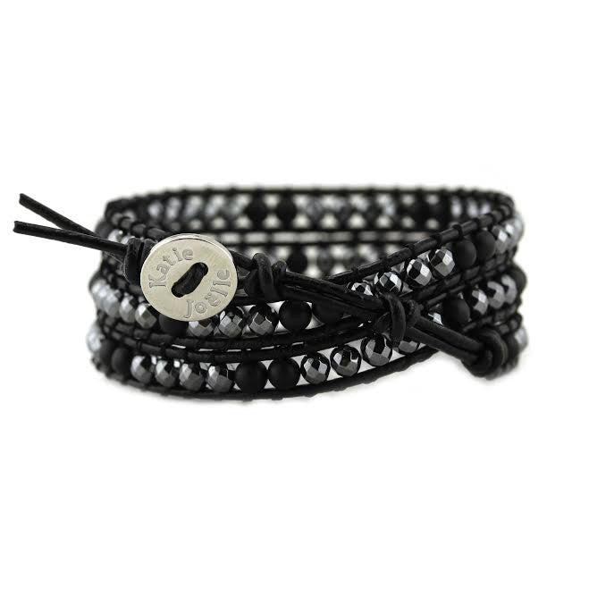 Hematite and Matte Onyx on Black Leather Wrap Bracelet