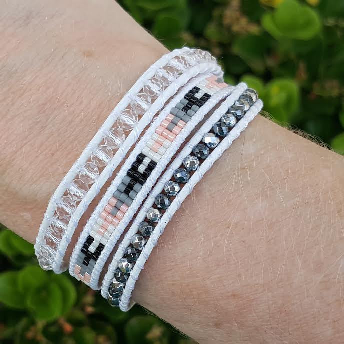 Hematite and Crystal with Miyuki Glass Seed Beads on White Leather Wrap Bracelet