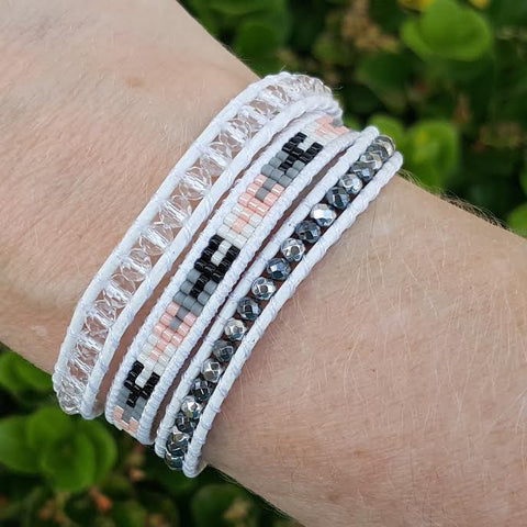 Image of Hematite and Crystal with Miyuki Glass Seed Beads on White Leather Wrap Bracelet
