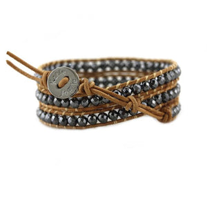 Hematite on Natural Leather Wrap Bracelet