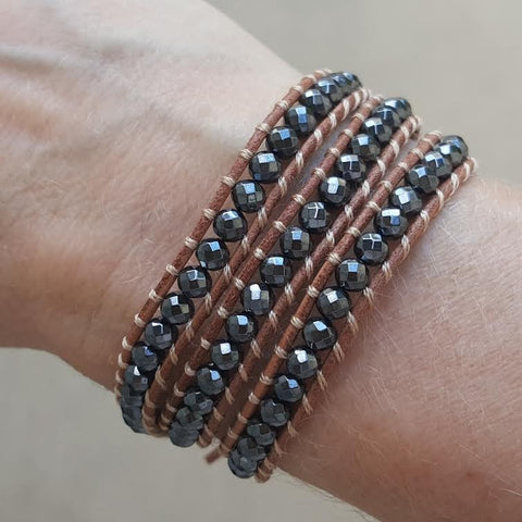 Image of Hematite on Natural Leather Wrap Bracelet