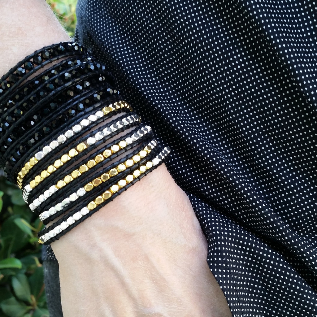 Gold and Silver Nuggets on Black Leather Wrap Bracelet