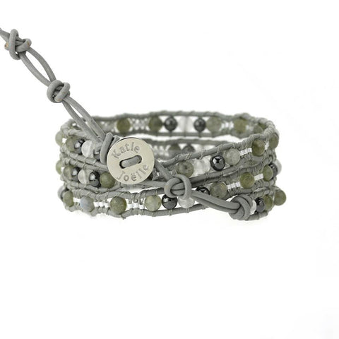 Image of Labradorite and Hematite Scalloped Wrap Bracelet on Gray Leather