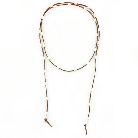 Natural Leather and Freshwater Pearl Wrap Necklace