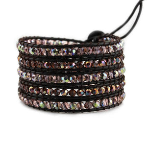 Mauve Mixed Crystals on Dark Brown Leather Wrap Bracelet