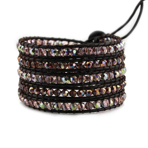 Image of Mauve Mixed Crystals on Dark Brown Leather Wrap Bracelet