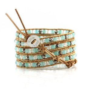Mint Jade Mix on Natural Leather Wrap Bracelet