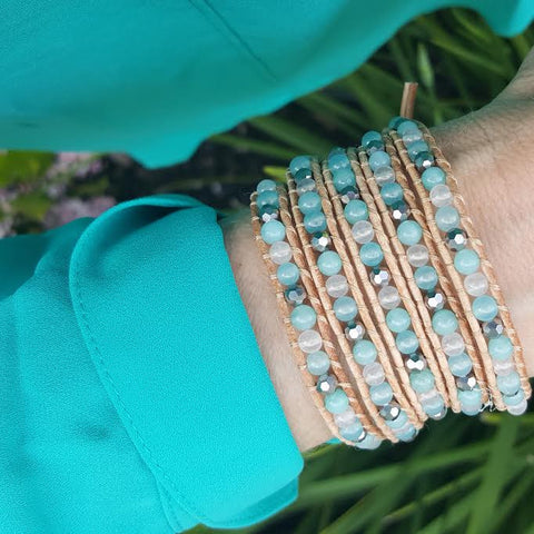 Mint Jade Mix on Natural Leather Wrap Bracelet