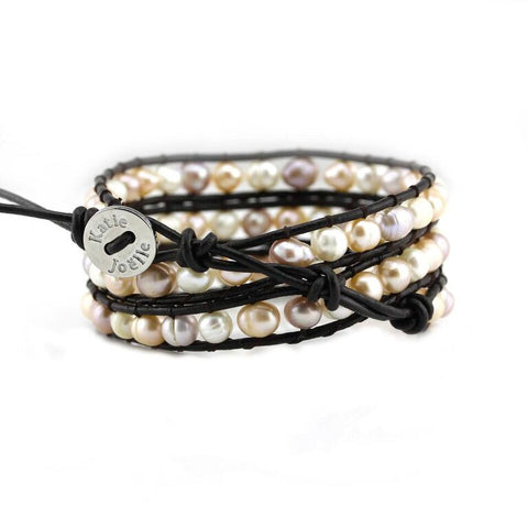 Image of Mixed Pastel Freshwater Pearls on Dark Brown Leather Wrap Bracelet