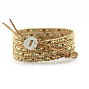 Mixed Pastel Miyuki Glass Seed Beads on Natural Leather Wrap Bracelet