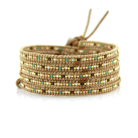 Image of Mixed Pastel Miyuki Glass Seed Beads on Natural Leather Wrap Bracelet