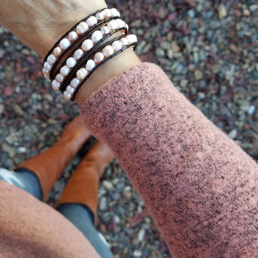 Mixed Pastel Freshwater Pearls on Dark Brown Leather Wrap Bracelet