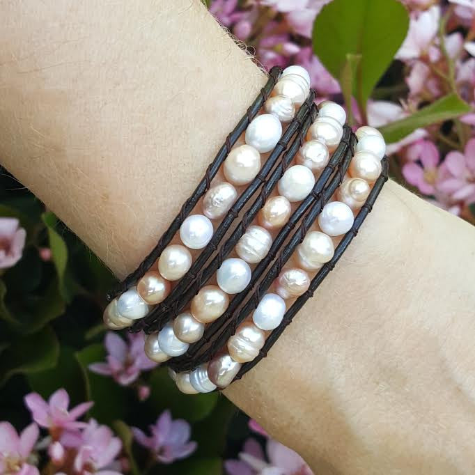 Mixed Pastel Freshwater Pearls on Dark Brown Leather Wrap Bracelet
