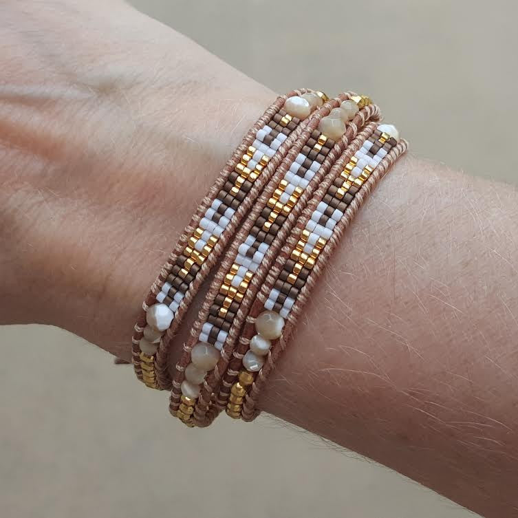 Shell and Gold with Miyuki Glass Seed Beads on Natural Leather Wrap Bracelet