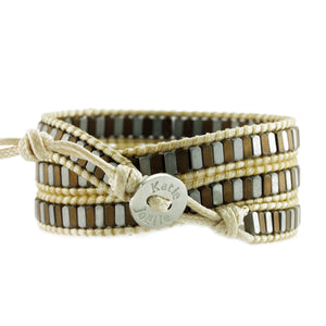 Neutral Mixed Hematite on Heather Beige Vegan Cord Wrap Bracelet