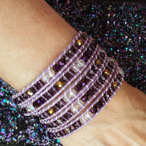 Purple Mixed Crystals on Purple Leather Wrap Bracelet