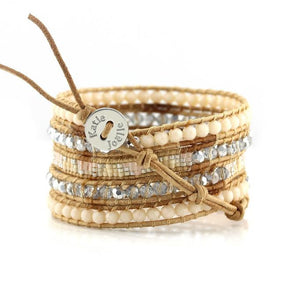 Peach Crystals with Miyuki Glass Seed Beads on Natural Leather Wrap Bracelet