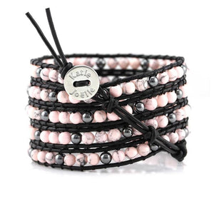 Pink Howlite and Hematite on Black Leather Wrap Bracelet