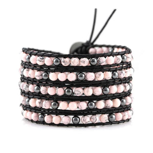 Pink Howlite and Hematite on Black Leather Wrap Bracelet