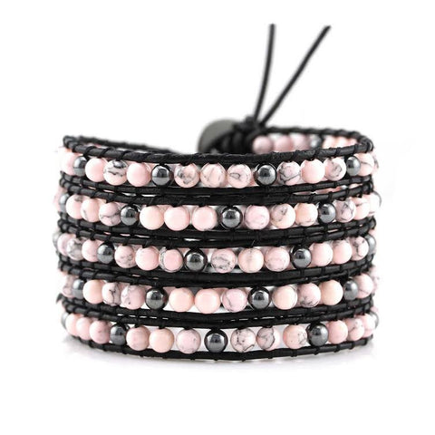 Image of Pink Howlite and Hematite on Black Leather Wrap Bracelet