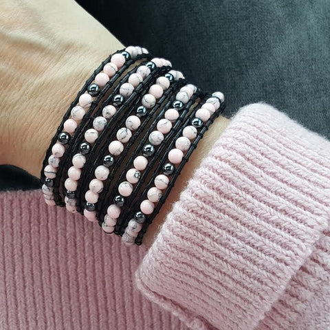 Image of Pink Howlite and Hematite on Black Leather Wrap Bracelet
