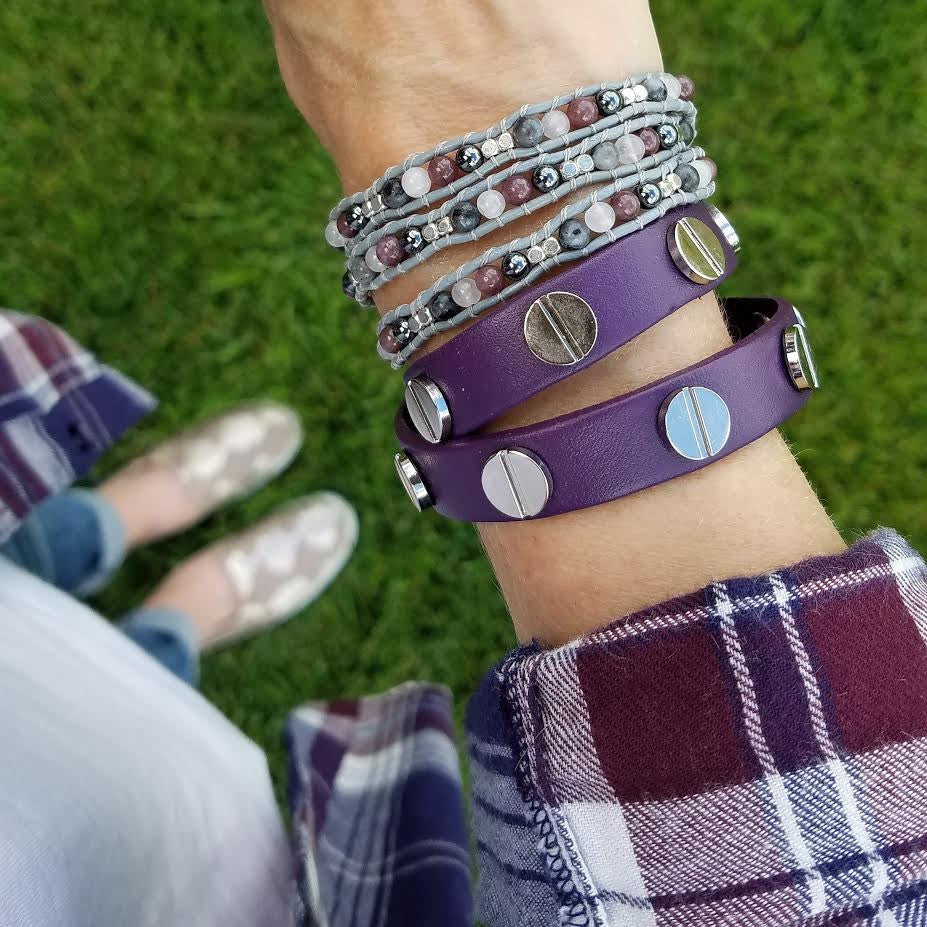 Silver Studded Purple Leather Double Wrap Bracelet